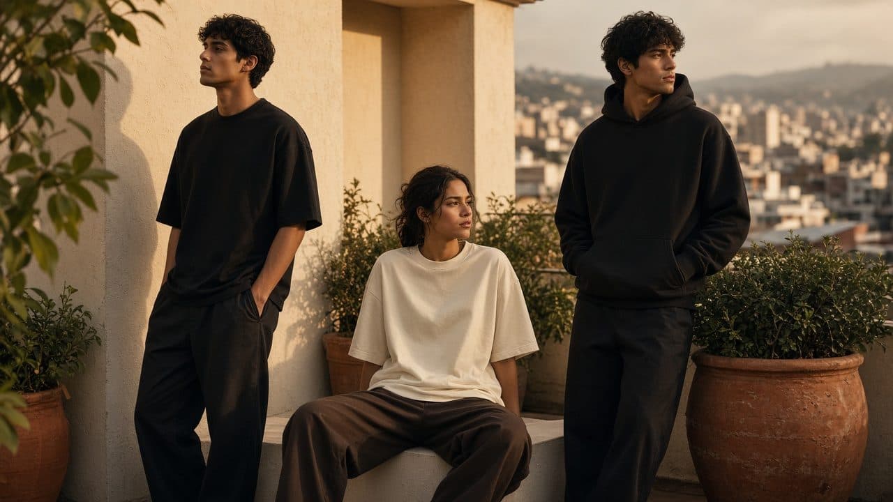 Amigos con ropa Pola Lovers en una terraza al atardecer